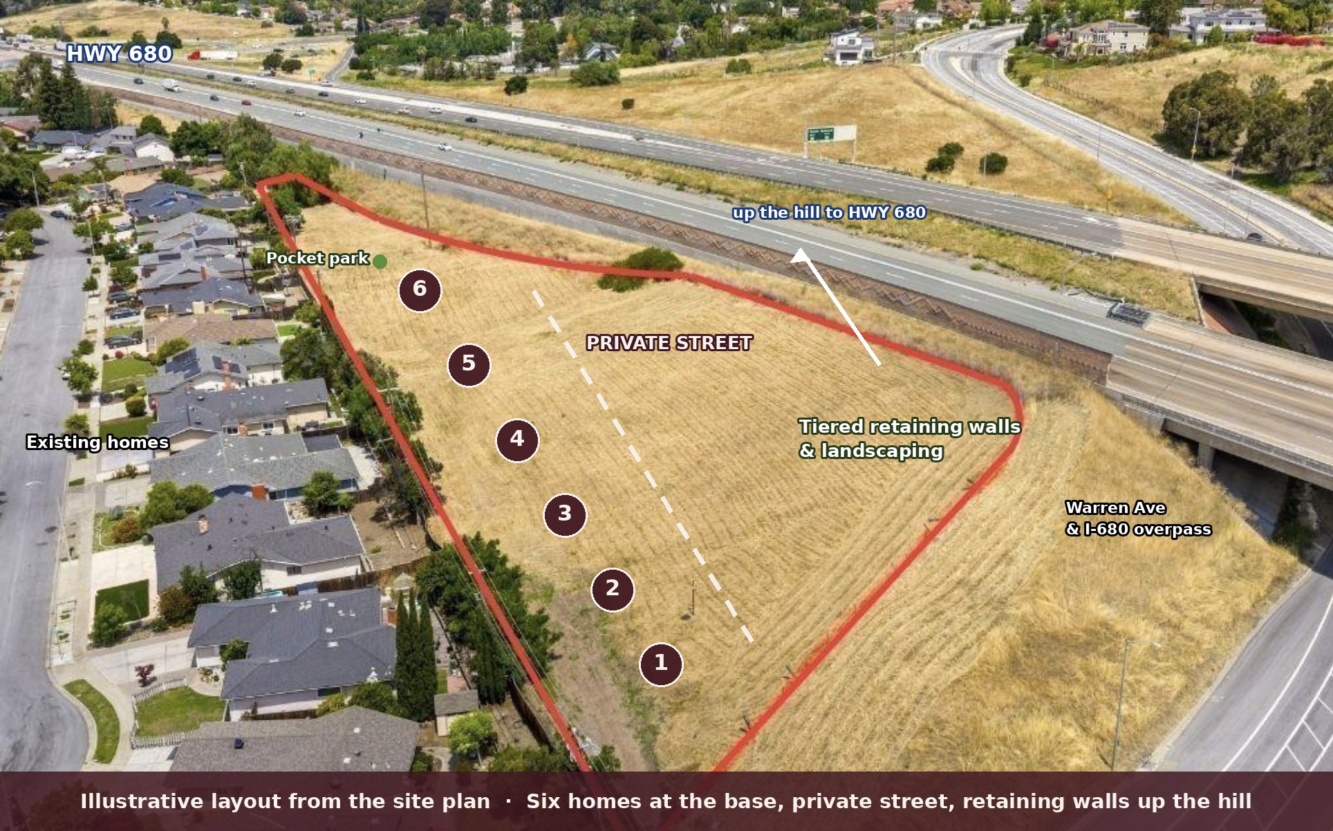 Approximate six-lot layout mapped onto the parcel