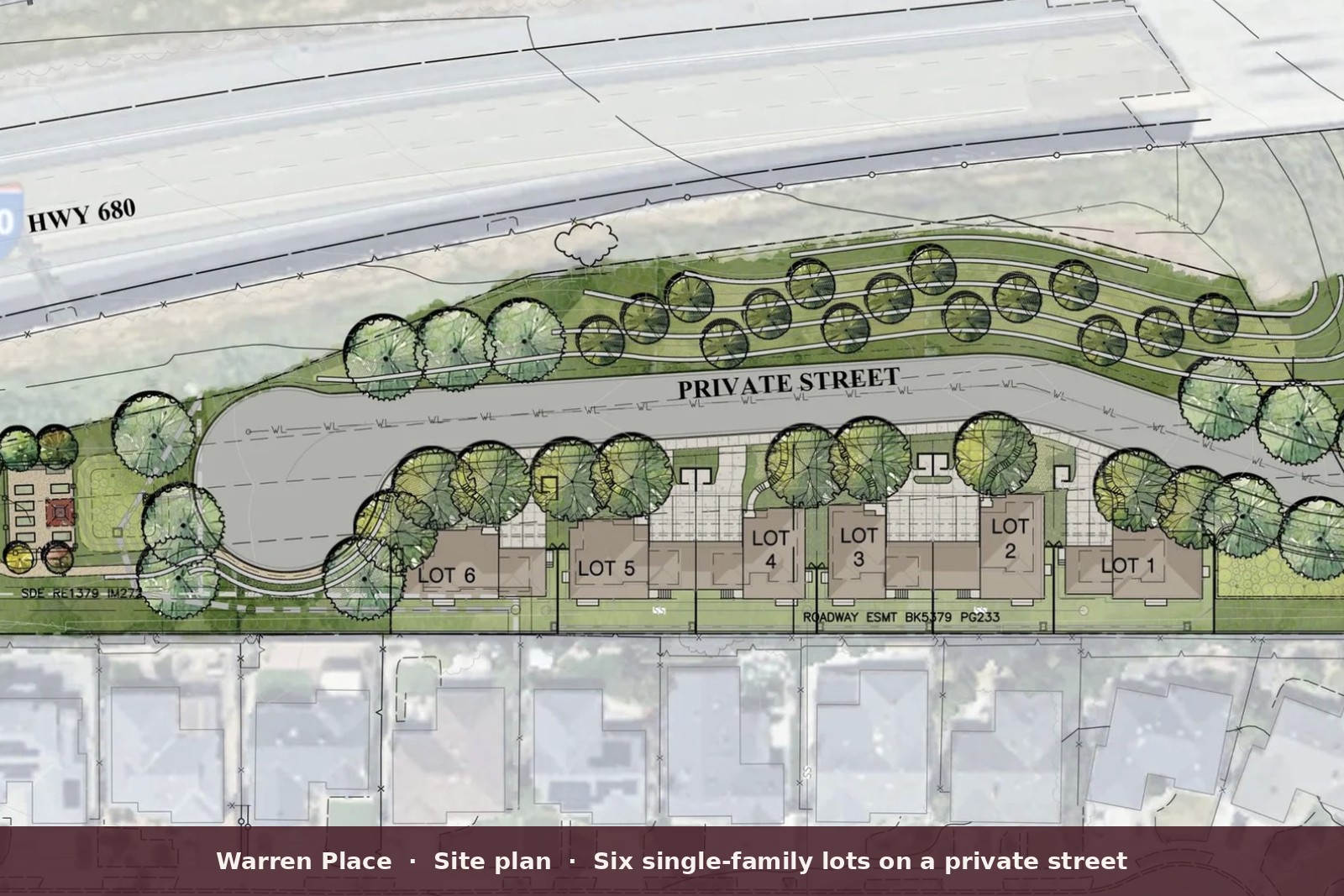 Proposed site plan: six lots on a private street
